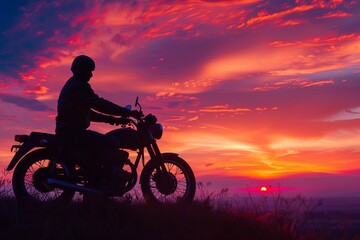 A silhouette of a man sitting on a motorcycle, parked on a hill overlooking a vibrant sunset. Generative AI