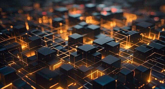 Realistic 3D squares forming a dark, geometric minimalist map of the internet,