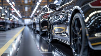 Fototapeta premium Photo of automobile production line. Welding car body. Modern car assembly plant. Auto industry. High-tech factory