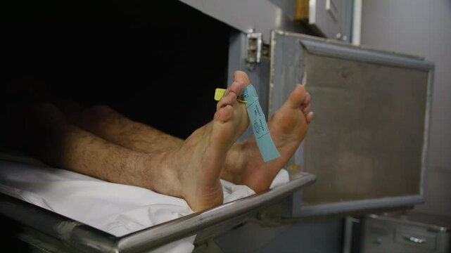 Close up of toe tag feet on corpse in morgue