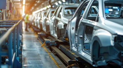 Fototapeta premium Photo of automobile production line. Welding car body. Modern car assembly plant. Auto industry. High-tech factory