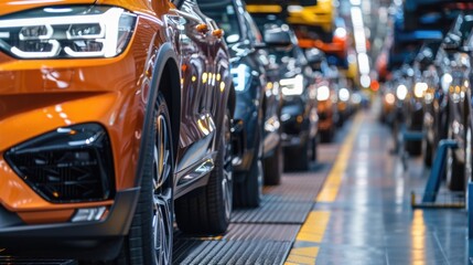 Photo of automobile production line. Welding car body. Modern car assembly plant. Auto industry. High-tech factory