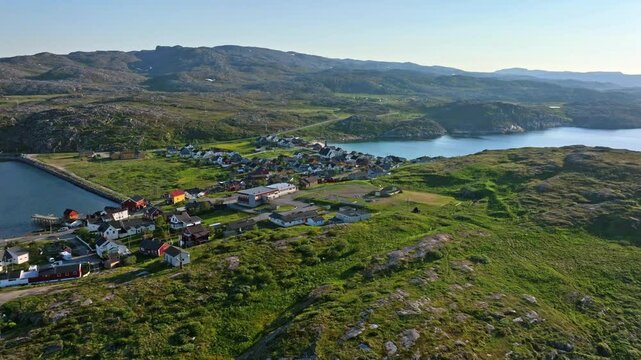 Drone approaching of the town center of Bygones, summer in Pykeija, Norway