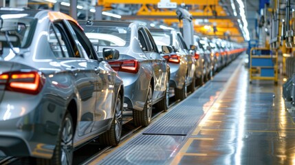 Photo of automobile production line. Welding car body. Modern car assembly plant. Auto industry. High-tech factory