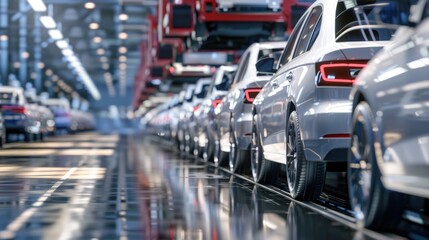 Photo of automobile production line. Welding car body. Modern car assembly plant. Auto industry. High-tech factory