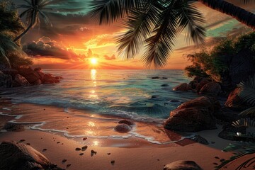 Paradise Beach Sunset. Tropical Island with Palm Trees and Bright Sun Setting Over the Ocean
