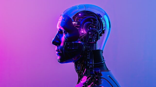 cyborg robot man in neon blue and violet lighting