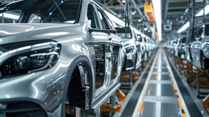Fototapeta premium Photo of automobile production line. Welding car body. Modern car assembly plant. Auto industry. High-tech factory