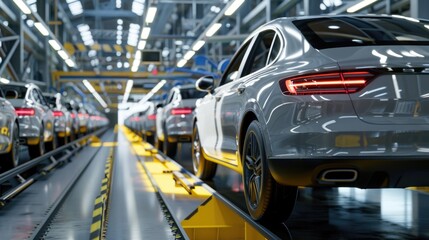 Photo of automobile production line. Welding car body. Modern car assembly plant. Auto industry. High-tech factory