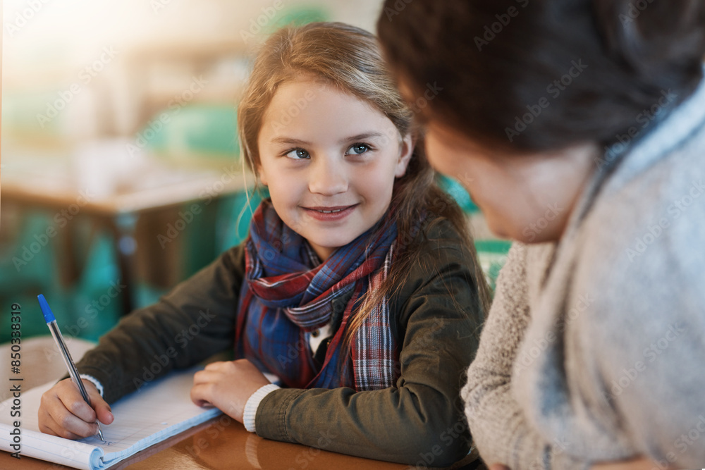 Poster teacher, learning and help child writing in notebook for education, study or knowledge in class. kid