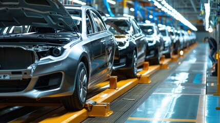 Fototapeta premium Photo of automobile production line. Welding car body. Modern car assembly plant. Auto industry. High-tech factory