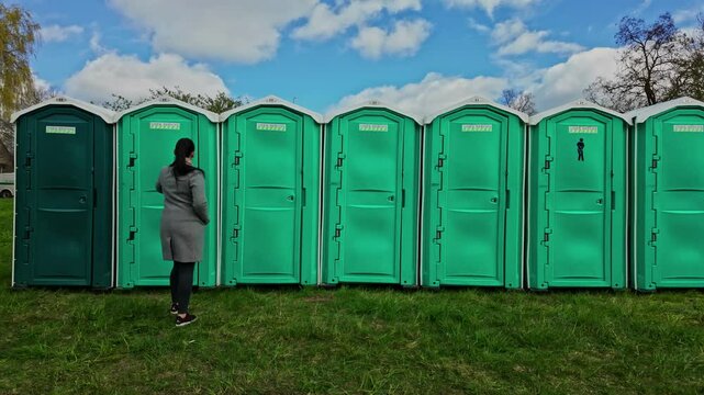 Young woman needs to use a portable toilet or porta potty