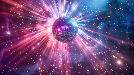 Colorful disco ball in the center, radiant beams of light reflecting off, sparkles filling the space, magical light emitting