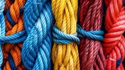 Close-up of various colorful ropes tied together, representing collective effort and unity in a corporate setting, detailed art