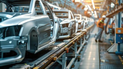 Photo of automobile production line. Welding car body. Modern car assembly plant. Auto industry. High-tech factory