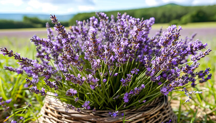 Fototapeta premium fresh harvested lavender herb in the field