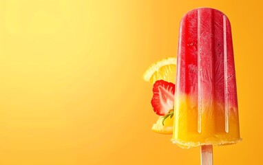 Bright and colorful fruit popsicle with strawberry and lemon slices on a vibrant yellow background, capturing a refreshing summer treat.