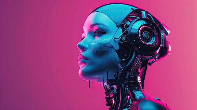 cyborg robot woman in neon blue and violet lighting