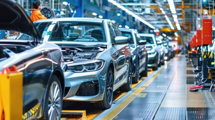 Photo of automobile production line. Welding car body. Modern car assembly plant. Auto industry. High-tech factory