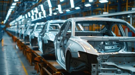 Obraz premium Photo of automobile production line. Welding car body. Modern car assembly plant. Auto industry. High-tech factory