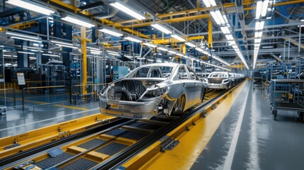 Fototapeta premium Photo of automobile production line. Welding car body. Modern car assembly plant. Auto industry. High-tech factory