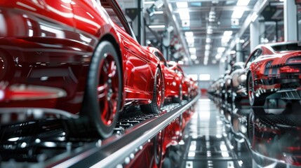Naklejka premium Photo of automobile production line. Welding car body. Modern car assembly plant. Auto industry. High-tech factory