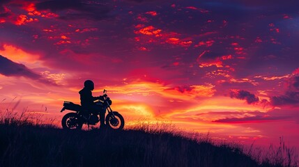 Obraz premium A lone motorcyclist sits contemplatively on his bike, silhouetted against a vibrant sunset sky. Generative AI