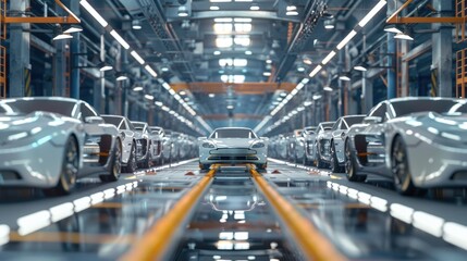 Photo of automobile production line. Welding car body. Modern car assembly plant. Auto industry. High-tech factory