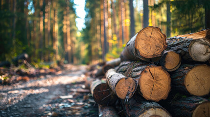 Stack of Cut Timber Logs in Forest