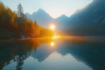 At sunrise, the lake reflects mountains and clouds