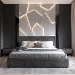 Modern cozy design bedroom interior and concrete pattern texture wall pattern background.