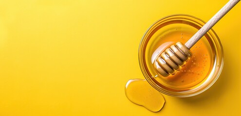 Fototapeta premium A glass bowl filled with honey on a yellow background