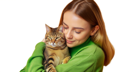 A serene portrait of a young woman cuddling with a cat, highlighting the peaceful and loving connection between them.