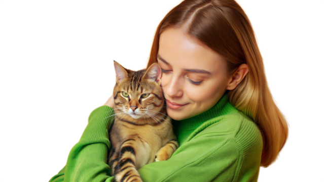 A serene portrait of a young woman cuddling with a cat, highlighting the peaceful and loving connection between them.