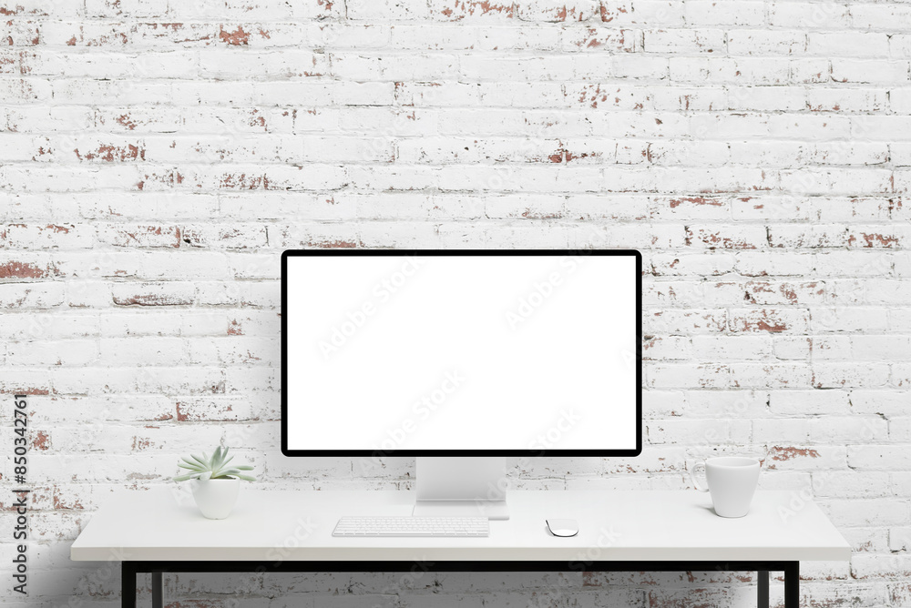 Poster modern white office with computer display mockup and white brick wall background. perfect for displa
