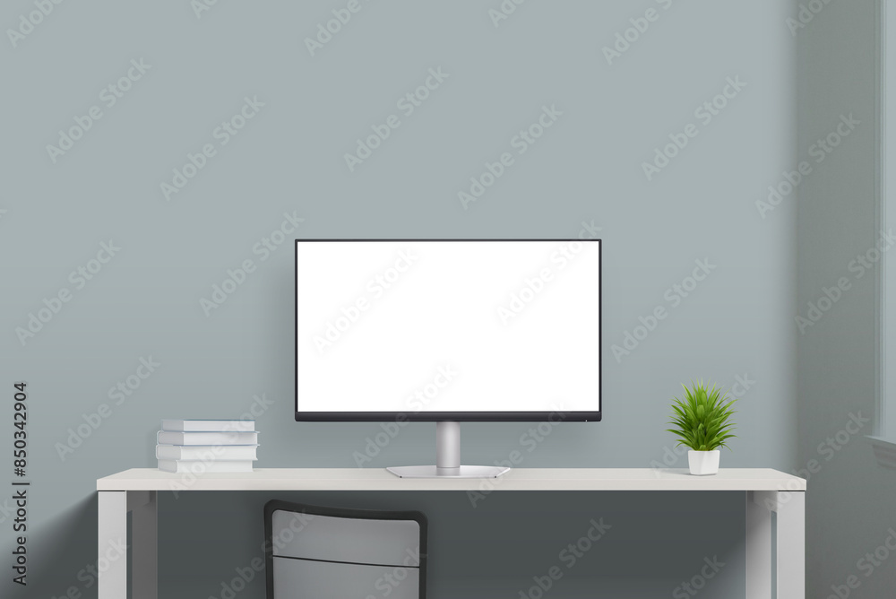Poster Computer display mockup on work desk with books and plant. Ideal for showcasing digital designs in a modern, organized workspace with natural elements