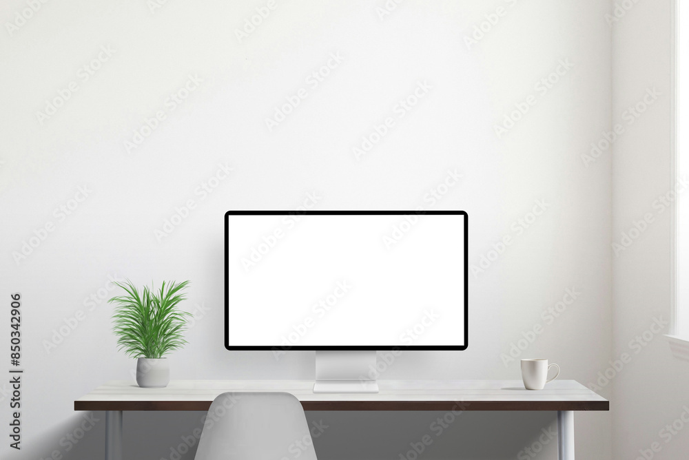 Poster Clean desk with plant and coffee mug beside window. Computer display monitor mockup perfect for web page promotion in a serene, productive workspace