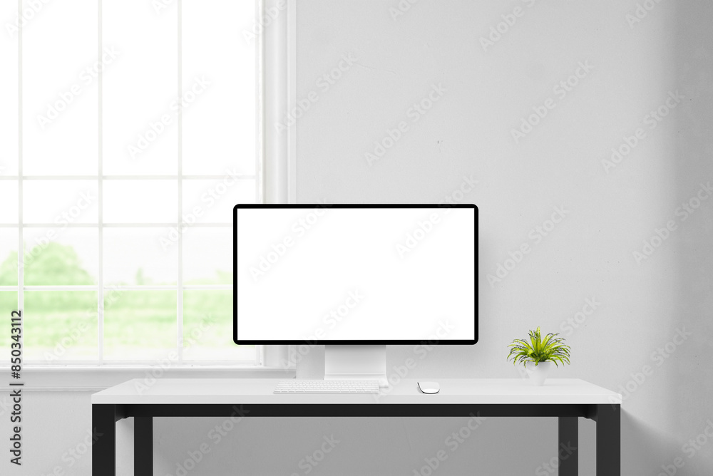 Poster Clean workspace with computer display mockup, isolated for web page promotion. Window beside enhances productivity in a minimalist office setting