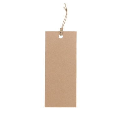 A transparent portrait-oriented png of a blank brown paper tag with a string, against a white background