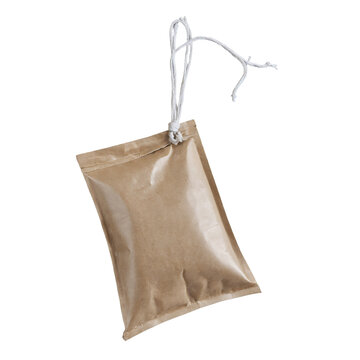 A transparent png of a brown paper pouch with a string tie against a white background, suitable for design use