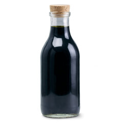 A transparent png featuring a glass bottle filled with dark liquid and sealed with a cork, on a white background