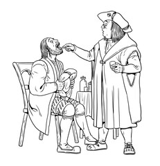 Fototapeta premium Drawing showing a medieval doctor at work. History of Medicine.