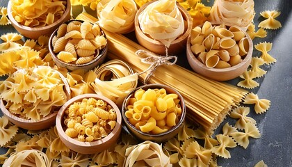 various types of pasta in a wooden plate on a gray background