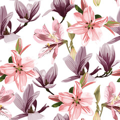 Seamless floral pattern with pink violet tropical magnolia and lily flowers with leaves on white background. Template design for textiles, interior, clothes, wallpaper. Botanical art. 