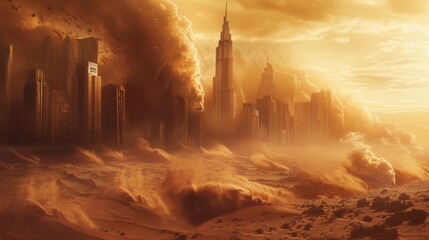 Fototapeta premium Devastating sandstorm waves hitting futuristic skyscrapers, apocalyptic disaster striking a modern city, skyline lost in chaos