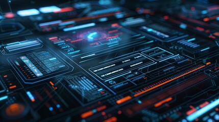 Obraz premium Digital document with checkboxes, one ticked, futuristic touch screen, dark mode interface, sharp graphics