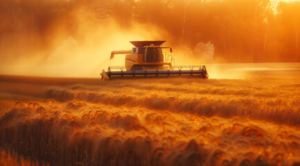 Fototapeta premium A combine harvester works in a wheat field at sunset during the golden hour.