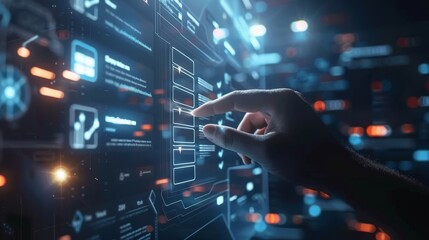 Digital document with checkboxes, one ticked, futuristic touch screen, dark mode interface, sharp graphics