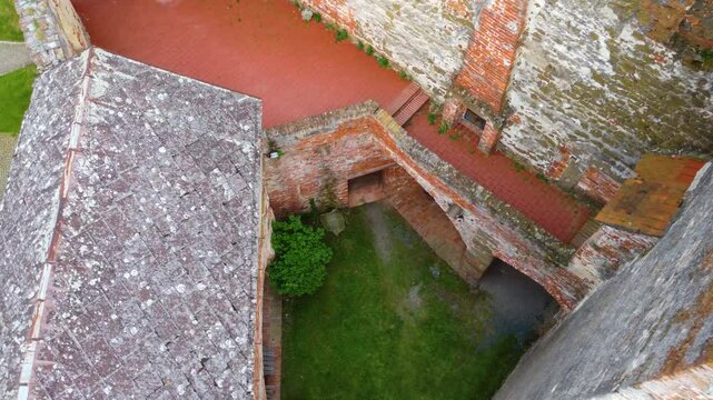 Ancient Stone Brick Architecture Of Gussing Castle In Southern Burgenland, Austria. Aerial Descending Shot