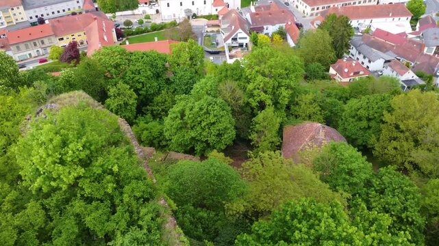 Aerial view of the green areas of Gussing Castle